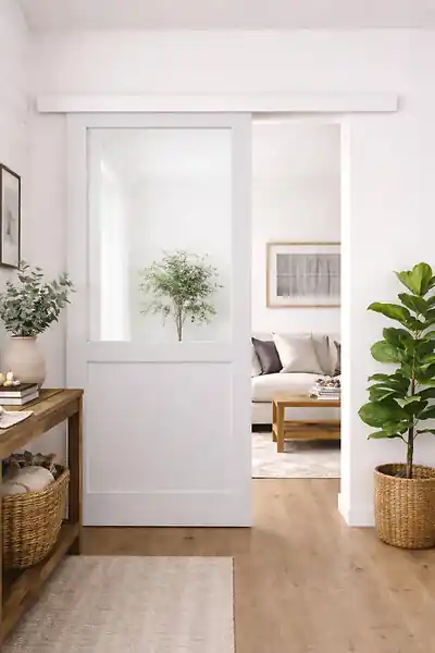 Prix Bas Porte Coulissante Atelier Blanc H204 x L83 cm sans meneau, Rail alu Bandeau Blanc GD MENUISERIES