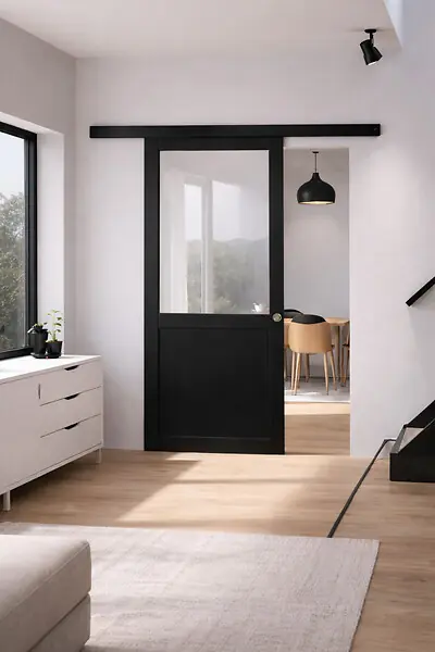 Prix Choc Porte Coulissante Atelier Noir sans meneau H204 x L73 cm, Rail alu Bandeau Noir, Coquilles GD MENUISERIES