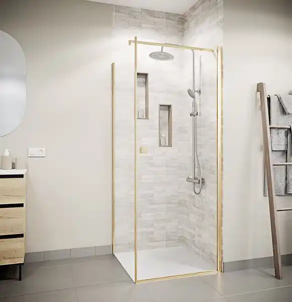 Paiement Sécurisé Porte de Douche Pivotante 90x180cm et Retour 80cm - Profil Or Brosse - Verre 5mm - GOLD ELEMENTARY AURLANE