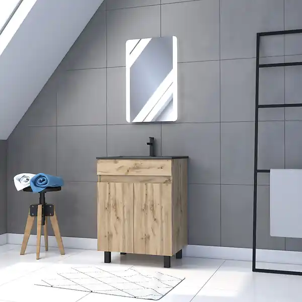 Expédié Aujourd'hui Meuble salle de bain 60x80 - Finition chene naturel - vasque noire + miroir Led - TIMBER 60 - Pack02 AURLANE