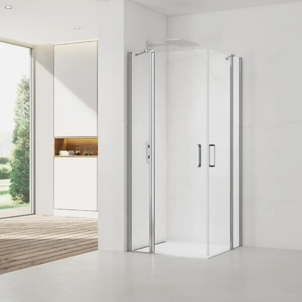 Marque Swiss Aqua Technologies Fusion Portes de douche acces en angle pivotantes 100x100cm anticalcaire avec profilés chrome brillant (SATFUDP100100-SET)