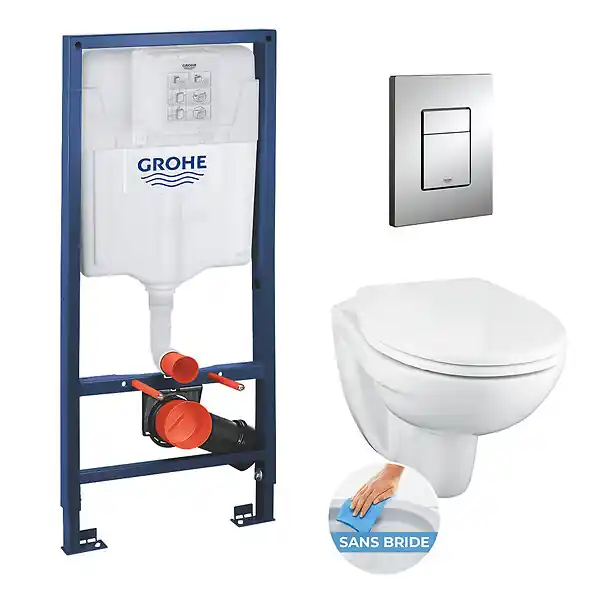 Commander Maintenant Pack WC Rapid SL + cuvette suspendue sans bride Porcher + plaque Grohe Skate Cosmopolitan chrome (RapidSL-PorcherRimless)