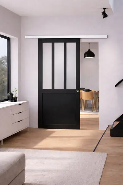 Expédié Aujourd'hui Porte Coulissante Atelier Noir vitre depoli H204 x L73 cm, Rail Alu Bandeau blanc, Coquilles GD MENUISERIES