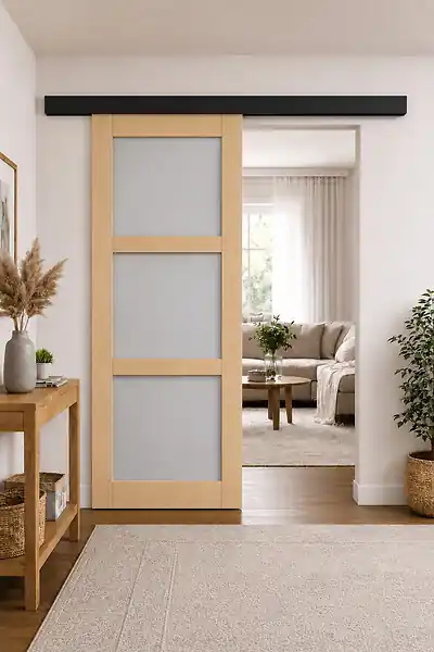 Porte Coulissante Ayous 3 Panneaux Gris Clair H204 x L83 cm, Rail alu Bandeau noir GD MENUISERIES Promotion