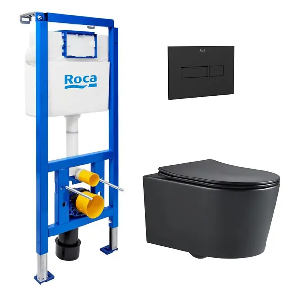 Quantité Limitée Pack WC bâti-support + WC suspendu sans bride Swiss Aqua Technologies avec abattant SoftClose + plaque (ROSTBRBMR04-FR) ROCA