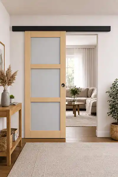 Vente Flash Porte Coulissante Ayous 3 Panneaux Gris Clair H204 x L73 cm, Rail alu Bandeau noir, coquilles GD MENUISERIES