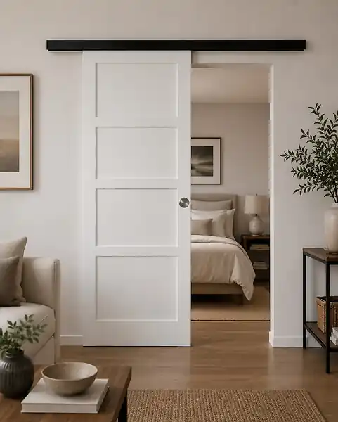 Marque Porte Coulissante Tamera blanc 4 panneaux H204 x L63 cm, Rail Alu bandeau noir, Coquilles GD MENUISERIES