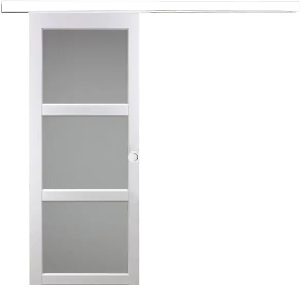 Commander Maintenant Porte Coulissante Kenya Blanc Vitrée H204 X L83 cm, Rail Alu Bandeau Blanc, Coquilles Blanc GD MENUISERIES
