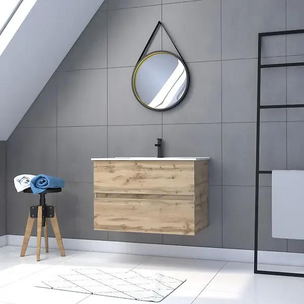 Pack Meuble SDB 80cm suspendu 2 tiroirs Chene_Vasque blanche + Miroir Barber - TIMBER 80 - Pack38 AURLANE Meilleure Vente