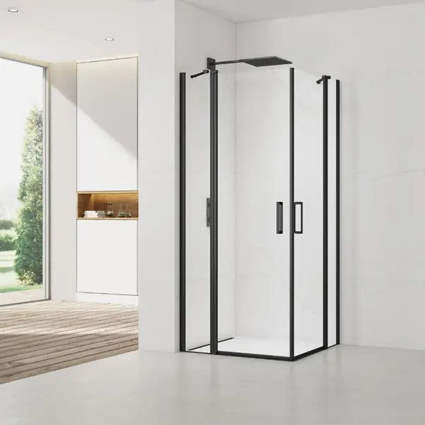 Produit De Marque Swiss Aqua Technologies Fusion Portes de douche acces en angle pivotantes 100x90cm anticalcaire avec profilés noir mat (SATFUDP10090C-SET)