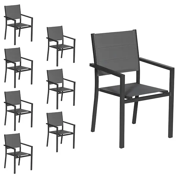 Lot de 8 chaises rembourrées en aluminium anthracite - textilène gris HAPPY GARDEN Dernier Modèle