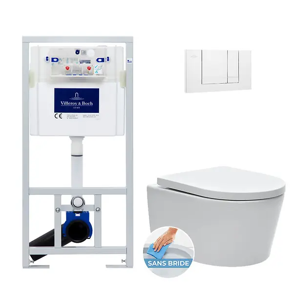 Expédition Rapide Pack WC Bâti-support + WC Swiss Aqua Technologies sans bride et fixations invisibles + Plaque blanche (ViConnectSATrimless-2) VILLEROY ET BOCH