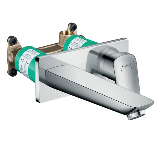 Bon Plan Hansgrohe Logis Set Mitigeur lavabo encastré mural Chrome Bec 195mm + Bonde à écoulement libre + Corps encastré (71220000-SET)