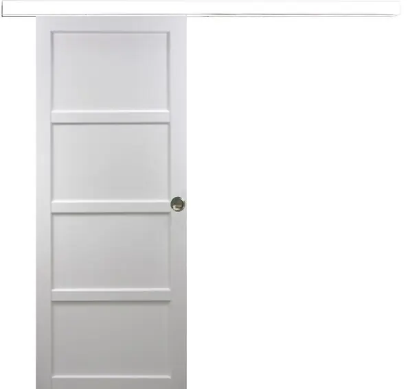 Authentique Porte Coulissante Tamera blanc 4 panneaux H204 x L63 cm, Rail Alu bandeau blanc, Coquilles GD MENUISERIES