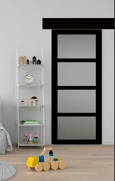 Produit De Marque Porte Coulissante Telia Noir Vitrée H204 x L73 cm, Rail Alu bandeau noir, Coquilles GD MENUISERIES