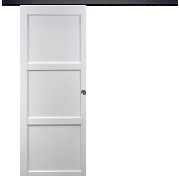Porte Coulissante Korya Blanc 3 panneaux H204 x L83 cm, Rail Alu bandeau noir, Coquilles GD MENUISERIES Meilleur Choix