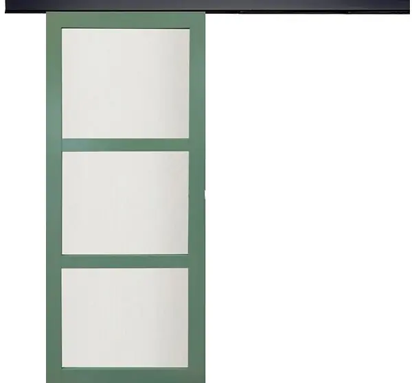 Porte Coulissante Vert Sauge RAL 6021 Vitrée H204 x L83 cm, rail bandeau noir GD MENUISERIES Produit De Marque