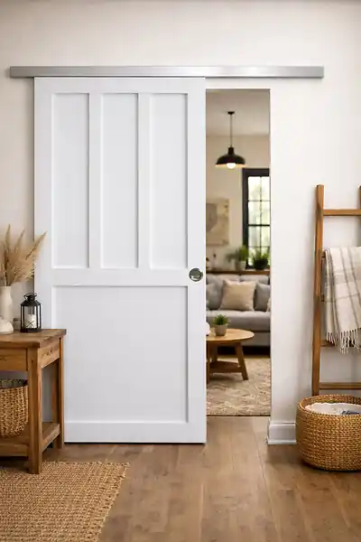 Achat Immédiat Porte Coulissante Atelier 2 panneaux blanc h204xl73 avec Rail Alu et 2 Coquilles GD MENUISERIES