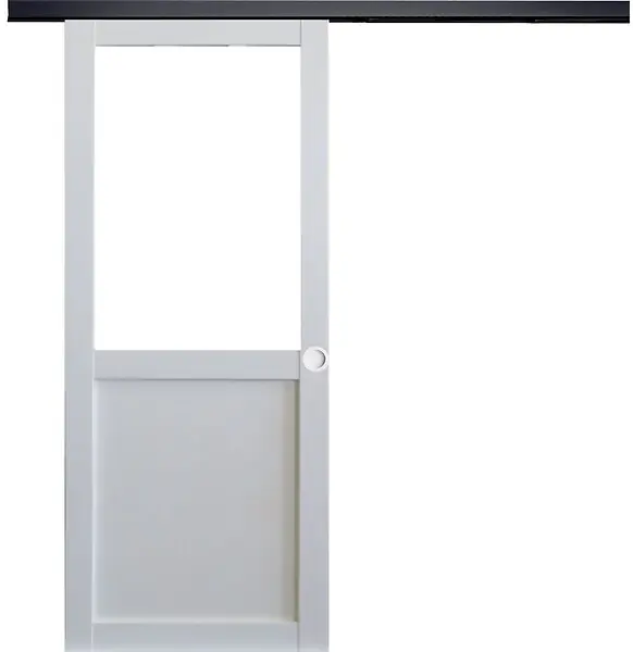Porte Coulissante Atelier blanc sans meneau H204 x L83 cm, Rail Alu bandeau noir, Coquilles blanc GD MENUISERIES Affaire À Saisir