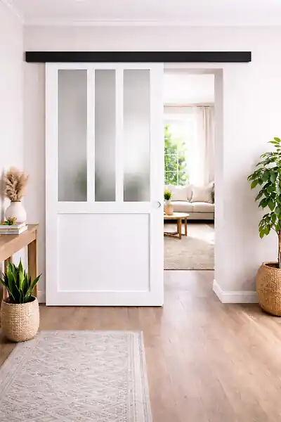 Porte Coulissante Atelier blanc vitre depoli H204 x L83 cm, Rail Alu bandeau noir, Coquilles blanc GD MENUISERIES Must-Have