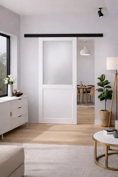Porte Coulissante Athena blanc H204 x L83 cm, Rail Alu bandeau noir, Coquilles blanc GD MENUISERIES Prix Bas