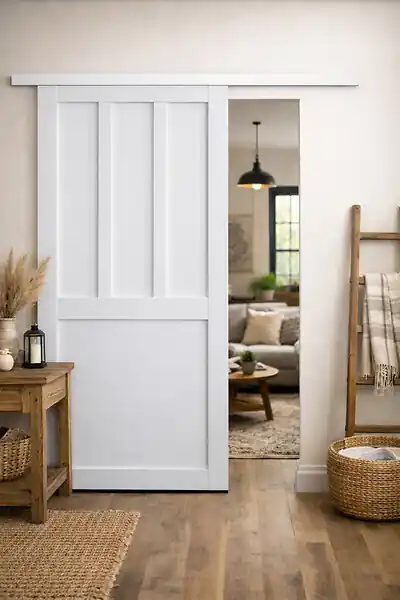 Top Vente Porte Coulissante Atelier 2 panneaux blanc H204 x L83 cm Rail alu Bandeau Blanc GD MENUISERIES
