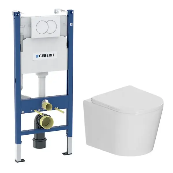 Duofix Pack WC bâti-support + WC suspendu sans bride avec abattant SoftClose Ceramia + plaque blanche (GEBCE14WT05-FR) GEBERIT Certifié