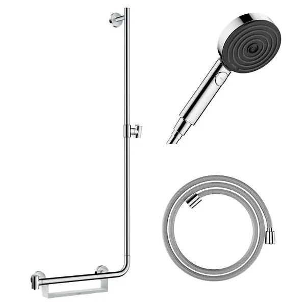 Expédition Rapide Barre de douche PMR Unica 110 poignée à gauche Chromé + Pommeau de douche Pulsify 3 jets + flexible Designflex 160cm HANSGROHE