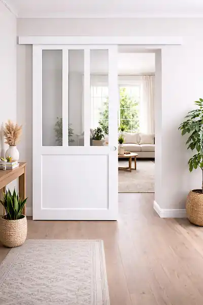 Vente Directe Porte Coulissante Atelier Blanc H204 x L83 cm, Rail alu Bandeau Blanc, Coquilles blanc GD MENUISERIES