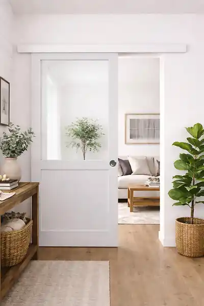 Retour Gratuit Porte Coulissante Atelier Blanc H204 x L83 cm sans meneau, Rail alu Bandeau Blanc, Coquilles GD MENUISERIES