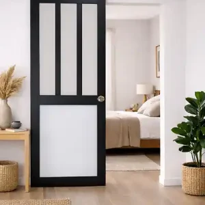 Acheter En Ligne Porte Coulissante Atelier noir, blanc Vitrée H204 x L83 cm, Rail Alu Bandeau blanc, Coquilles GD MENUISERIES