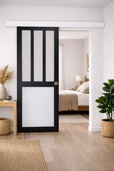 Acheter En Ligne Porte Coulissante Atelier noir, blanc Vitrée H204 x L83 cm, Rail Alu Bandeau blanc, Coquilles GD MENUISERIES