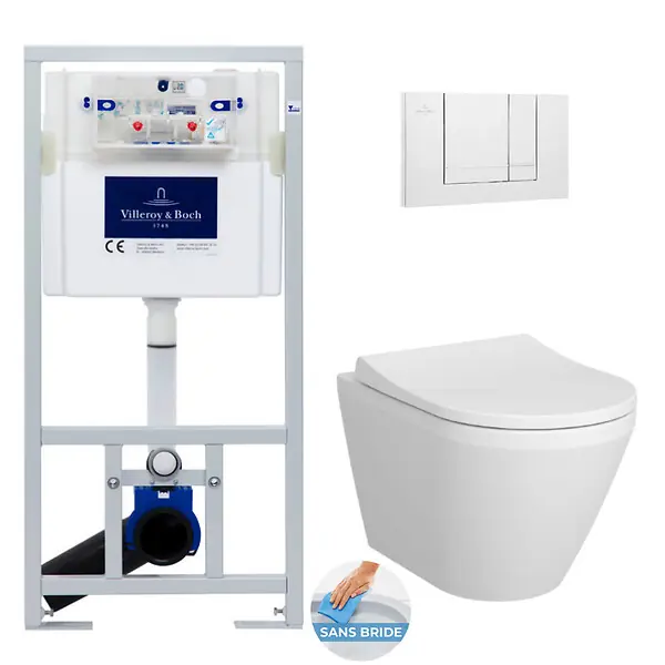 Pack WC Bâti-support Viconnect + WC sans bride Integra avec fixations invisibles + Abattant frein de chute + Plaque Blanche VILLEROY ET BOCH Prix Promo