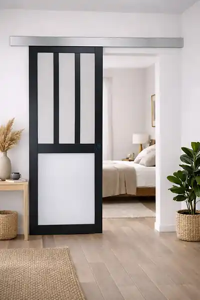 Dernière Chance Porte Coulissante Atelier noir, blanc Vitrée H204 x L83 cm, Rail Alu, Coquilles Noir GD MENUISERIES