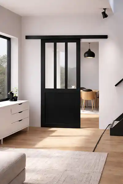 Porte Coulissante Atelier Noir H204 x L83 cm, Rail alu Bandeau Noir, Coquilles Noir GD MENUISERIES Prix Réduit