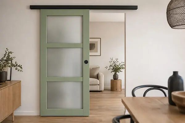 Porte Coulissante Vert Sauge RAL 6021 Vitrée H204 x L73 cm, Rail Alu Bandeau Noir, coquilles Noir GD MENUISERIES Quantité Limitée