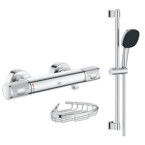 Mitigeur douche thermostatique Precision Feel + Ensemble de douche 2 jets avec barre + Panier porte-savon GROHE Affaire À Saisir
