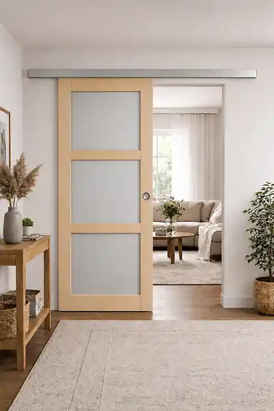 Porte Coulissante Ayous 3 Panneaux Gris Clair H204 x L83 cm,Rail Alu, coquilles GD MENUISERIES Commande En Gros