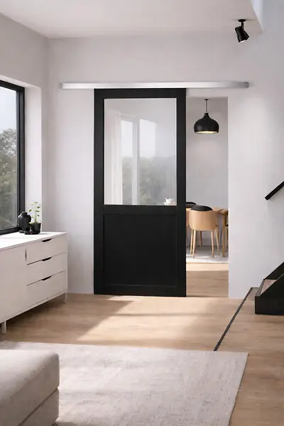 Nouvel Arrivage Porte Coulissante Atelier Noir Vitrée H204 x L93 cm sans meneau, Rail Alu GD MENUISERIES