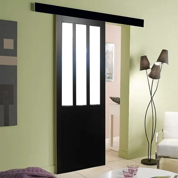 Retour Gratuit Porte Coulissante Atelier Noir Vitrée H204 x L93 cm, Rail alu Bandeau Noir GD MENUISERIES