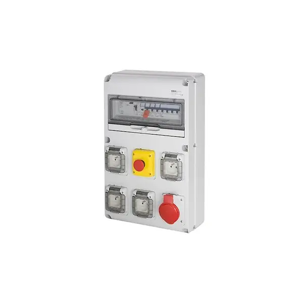 Solde Coffret d‘alimentation provisoire Tri+Neutre Q-DIN 14 16A - 5 prises dont 1 prise 3P+N+T 32A - IP44 - Avec arrêt d‘urgence GEWISS