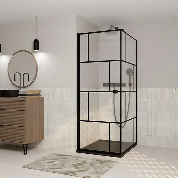 Affaire À Saisir Porte de douche Pivotante 80x180cm et Retour 80 cm - Sérigraphie Noire Motif Brique - Verre 5mm AURLANE