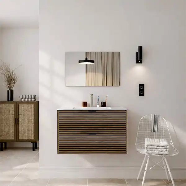 Meuble Salle de Bain Cranté Bois et Noir 80cm - 2 Tiroirs, Vasque et Miroir - MALO AURLANE Must-Have