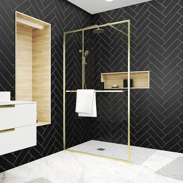 Paroi de Douche Or Doré Brossé 120x200cm - Porte-Serviette et Etagère AURLANE Pas Cher