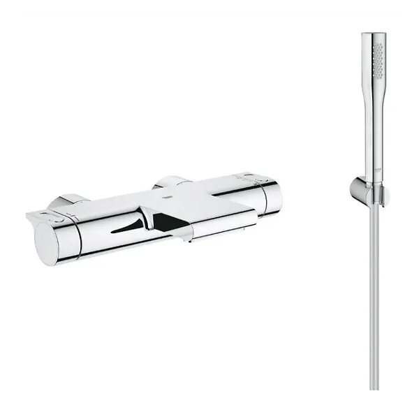 Grohe Grohtherm 2000 Set mitigeur thermostatique bain/douche + Douchette 1 jet + Flexible et support mural, Chrome (34174001-Euphoria) Bon Marché