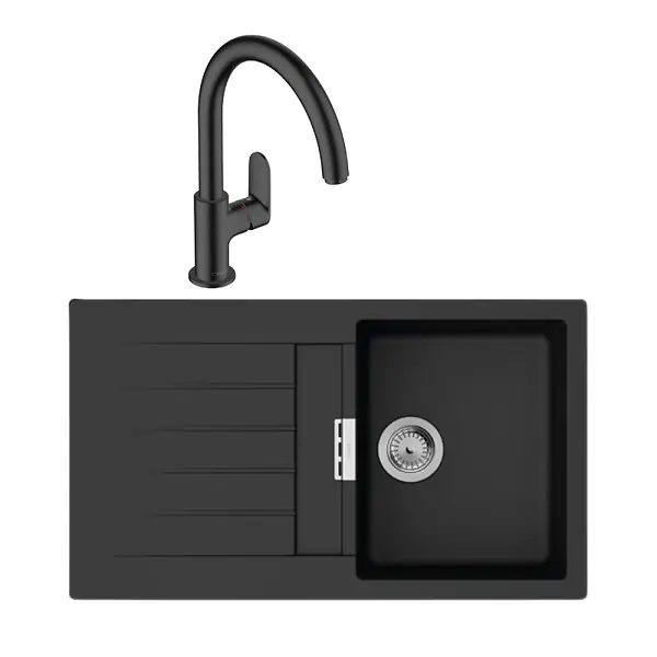 Evier 1 bac 840 S52 synthèse noir + robinet de cuisine Vernis Blend M35 210 noir mat HANSGROHE Retour Gratuit