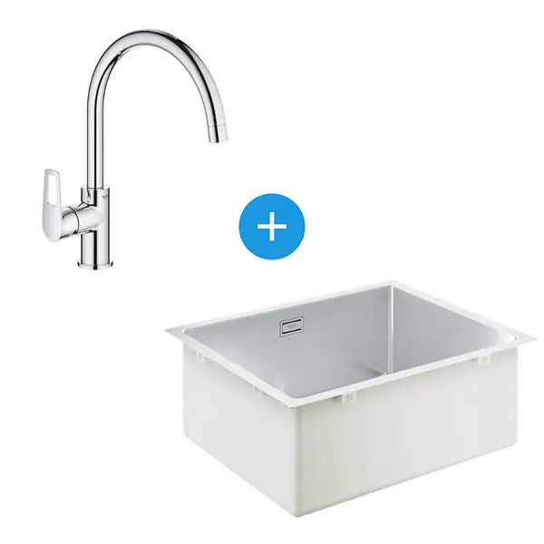 Grohe Kit Evier de cuisine K700 sous-plan 540x440mm Acier inoxydable + Mitigeur Bauloop Col de cygne, Chrome (31574SD1-SET1) Commander Vite
