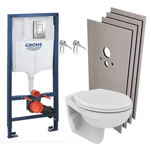 Grohe Pack WC bâti-support Rapid SL + WC Porcher sans bride + Abattant + Plaque + Set d‘habillage (RapidSL-PorcherRimless-sabo) Affaire À Saisir