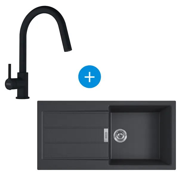 Franke S2D Evier à encastrer 100×50cm 1 bac avec égouttoir, Tectonite, Onyx + Mitigeur avec douchette extractible, Noir mat Vente Flash