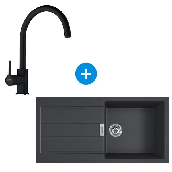 Franke Sirius Evier à encastrer 100×50cm 1 bac avec égouttoir, Tectonite, Onyx + Mitigeur col de cygne, Fragranit, Onyx Meilleur Choix